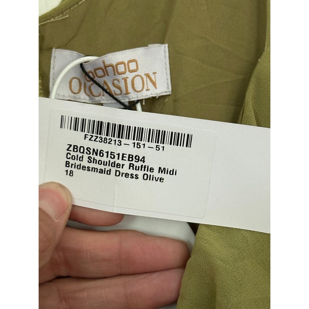 NWT Boohoo Midi Dress Cold Shoulder Ruffle Bridesmaid Olive Green Size 14 - Picture 7 of 11